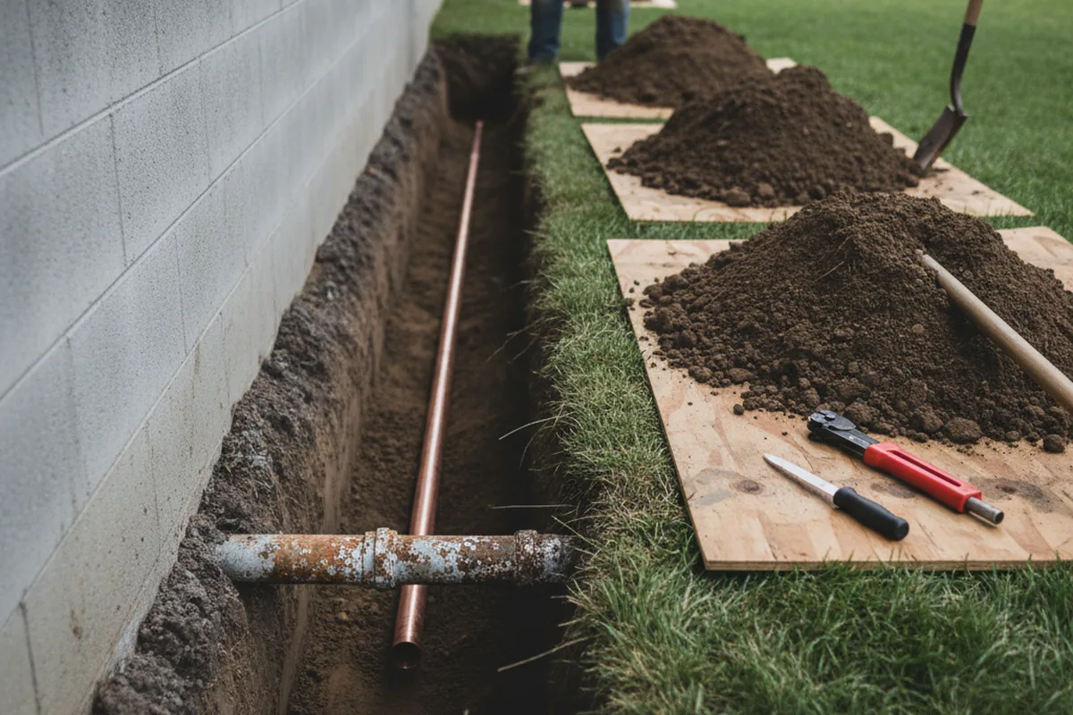 Excavated water line trench during Sewer Line Repair in Brusly